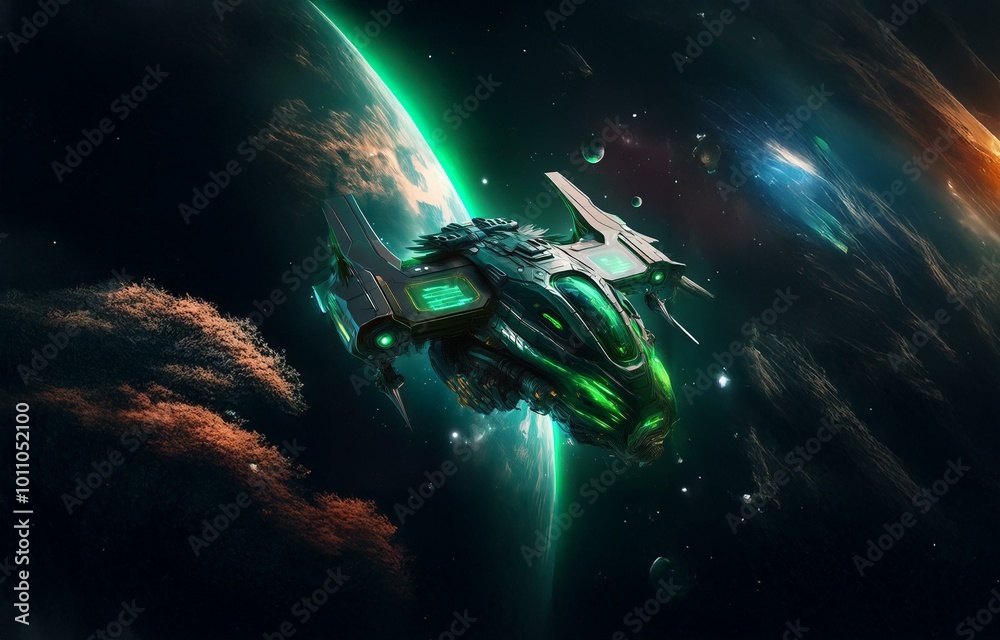 Poster A futuristic spaceship flies through the dark expanse of space, passing by a planet with a green glow.
