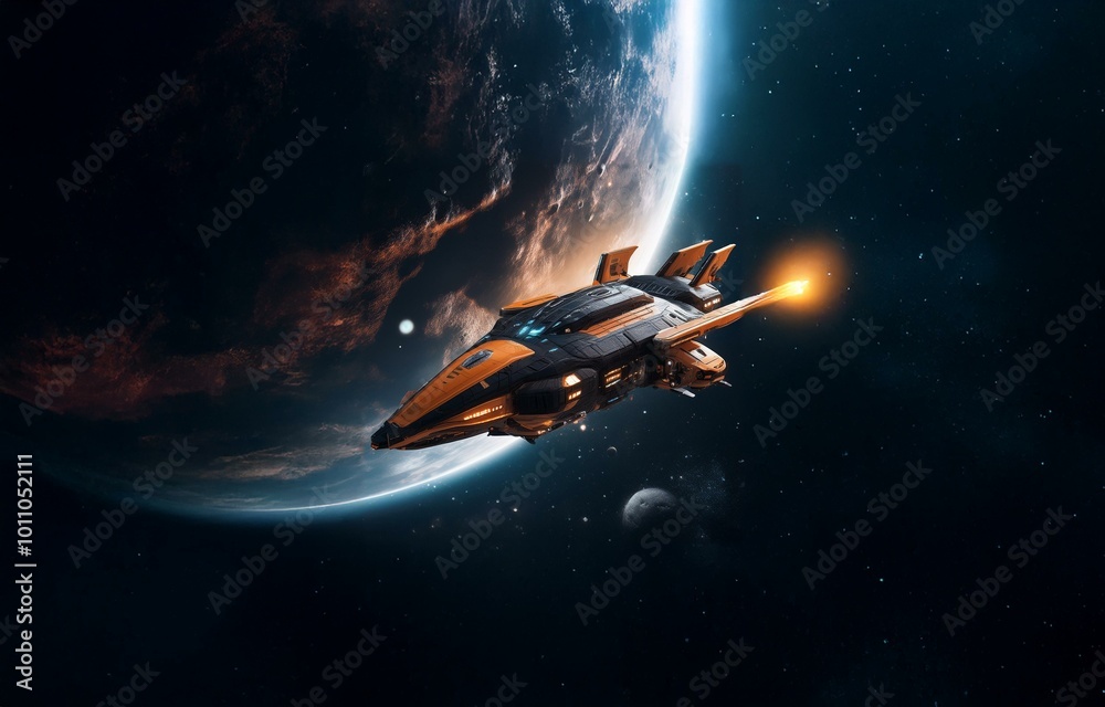 Poster a futuristic spaceship with orange accents flies past a planet in a dark space filled with stars.