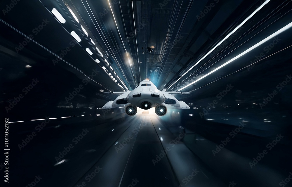 Poster A spaceship is flying through a dark tunnel lined with glowing lights.