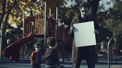 Vampire holding blank white sign at a playground while zombie children watch. Horror and supernatural concept. Design for poster, banner, and print