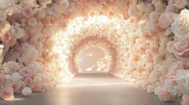A tunnel of blooming roses in shades of blush and ivory, forming a stunning archway, perfect for a wedding entrance with a magical atmosphere