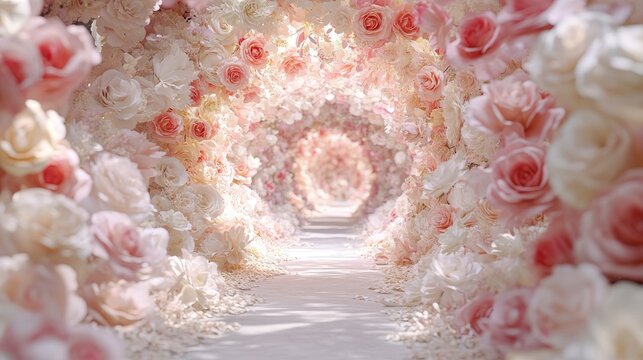 A tunnel of blooming roses in shades of blush and ivory, forming a stunning archway, perfect for a wedding entrance with a magical atmosphere