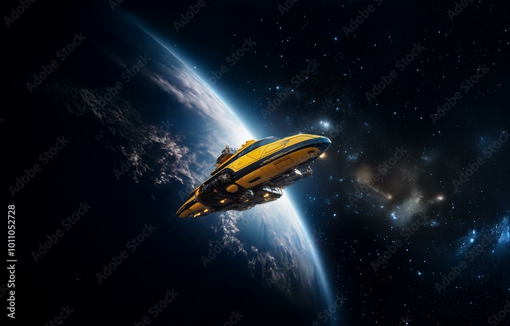 Poster a futuristic yellow spaceship flies in orbit above a blue planet and a starry black void.