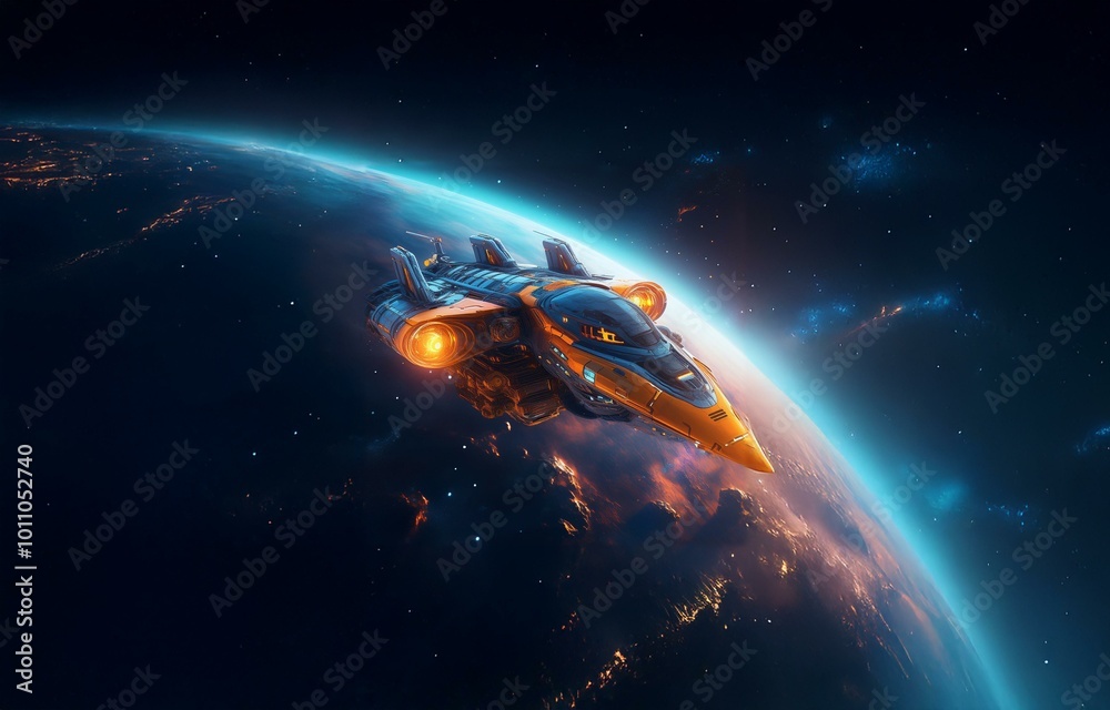 Poster a futuristic spaceship with glowing orange thrusters flies near a planet with a glowing blue atmosph