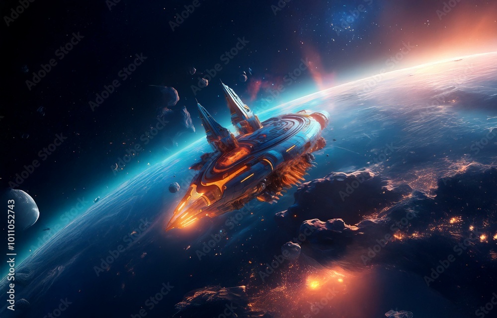 Poster a futuristic spaceship soars over a blue planet with glowing lights and a moon in the background.