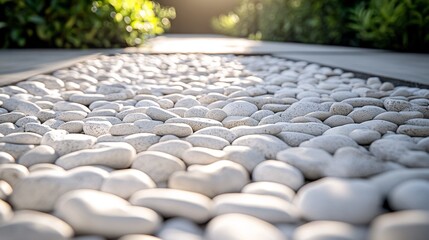 Obraz premium Pebble Pathway Illuminated by Sunlight in a Serene Garden Setting During the Golden Hour