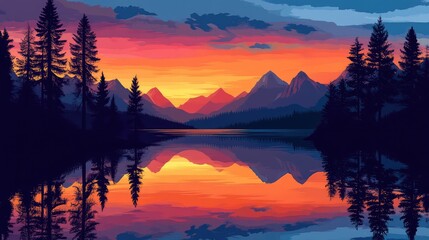 Fototapeta premium A tranquil mountain lake reflecting a vibrant sunset, with silhouettes of trees and mountains framing the scene.