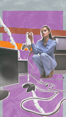 Stylish woman in denim sitting next to video game controller, surrounded by vintage monitors. 90s...