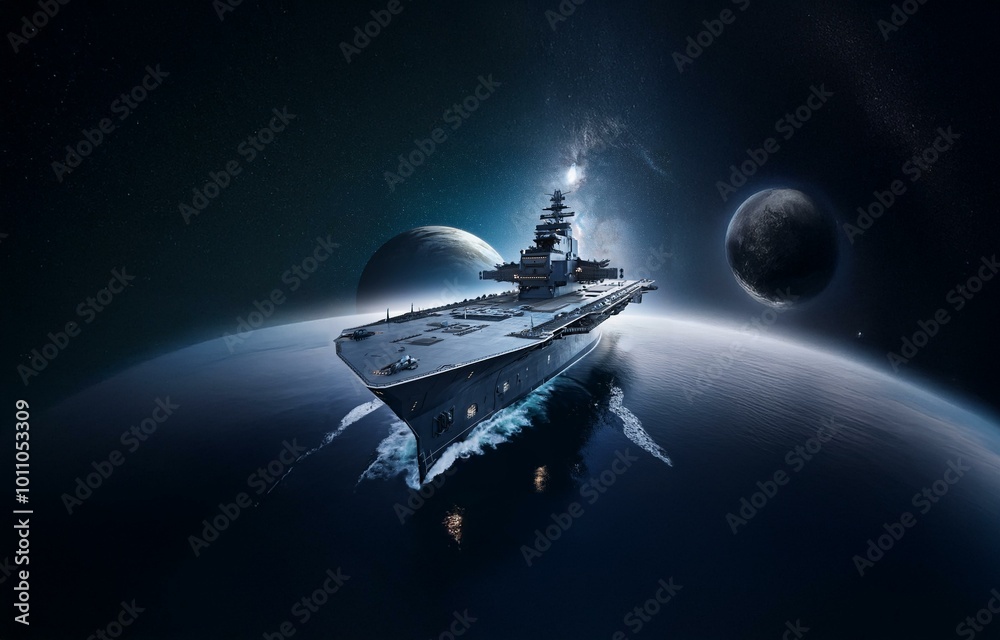 Poster a futuristic spacecraft sails across a vast, dark ocean against a backdrop of swirling stars and a d