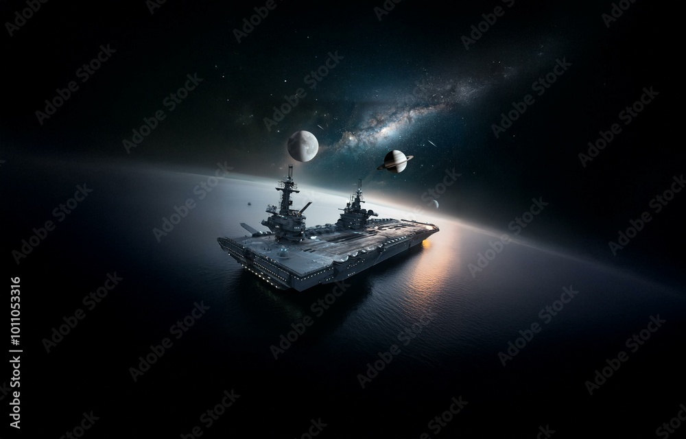 Poster a futuristic spaceship, possibly an aircraft carrier, floats above a planet's surface with a ringed 