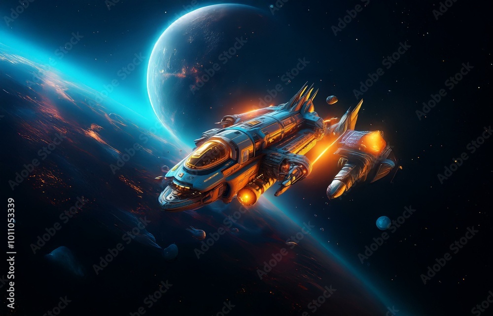 Poster A spaceship flies through space with a large planet in the background.