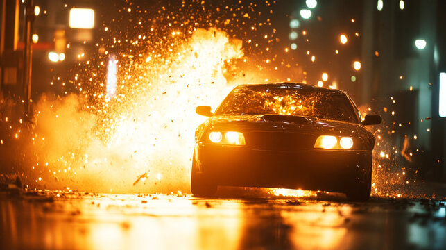 Dramatic car explosion in the city creates an intense action movie moment at night