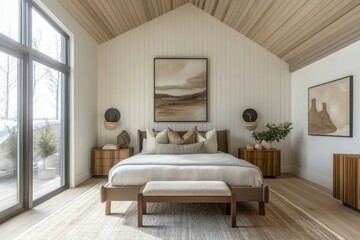 Fototapeta premium Modern master bedroom with light white oak wallpaper. Room with widows on the left, chic natural and neutral tones w dark walnut wooden bed in center of room