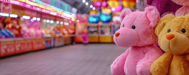 Colorful plush toys in a lively arcade setting, inviting joy and nostalgia for both children and adults.