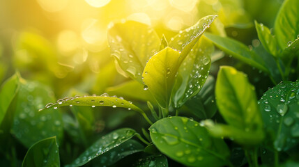 Fresh dew on vibrant green leaves in morning light creates serene and refreshing atmosphere, showcasing natures beauty and vitality