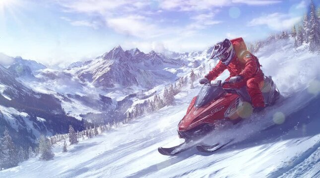 skiing in the mountains. Virtual 4K video animation background with looping time lapse with very smooth graphics.