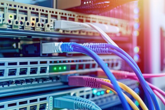 close-up of a network switch with multiple patch cords plugged into its ports. The patch cords are color-coded