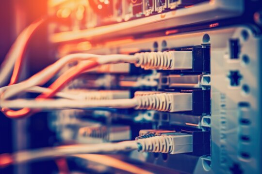 close-up of a network switch with multiple patch cords plugged into its ports. The patch cords are color-coded