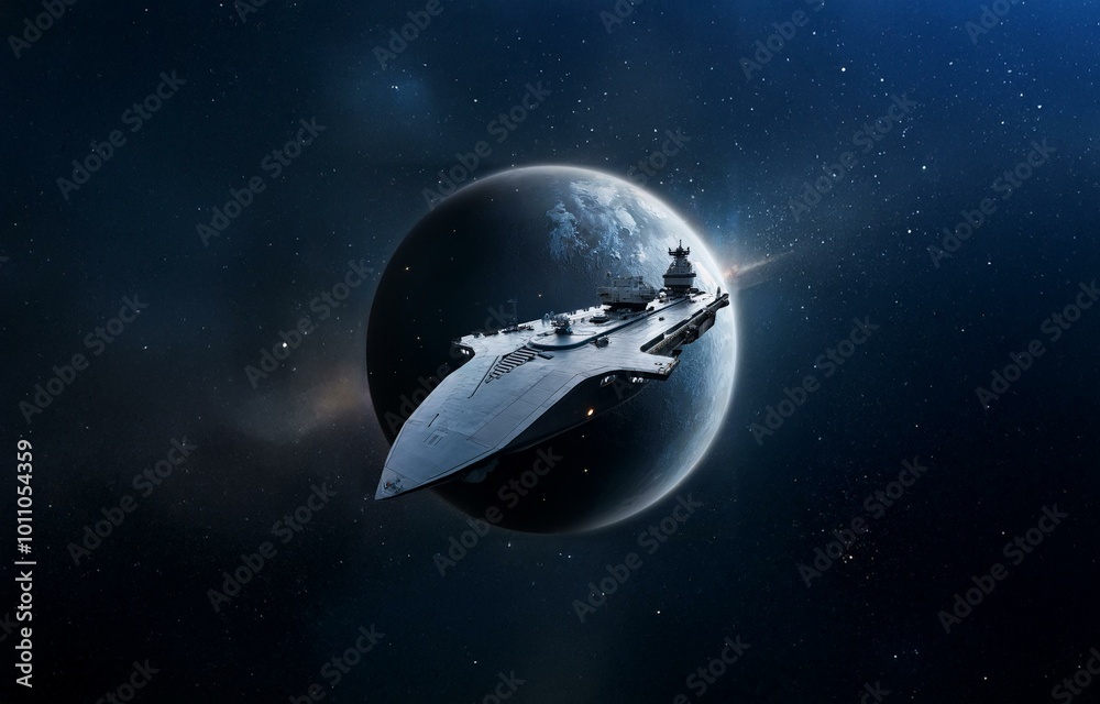 Poster a large spacecraft in the shape of a crescent flies past a planet in a dark space.