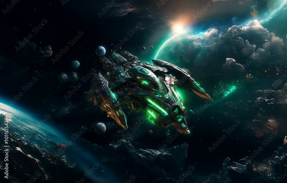 Poster a futuristic spacecraft soars through a vast, dark expanse of space, with a planet and distant stars