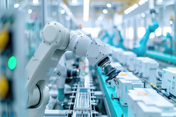 Industrial view of AI-integrated robotics in a manufacturing plant. Robotic arms, guided by AI algorithms, precisely assemble products on a production line