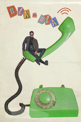 Stylish young woman sitting on giant green phone, combining oversized objects with retro...