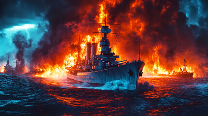 Large naval ship engulfed in flames during a dramatic ocean fire at dusk