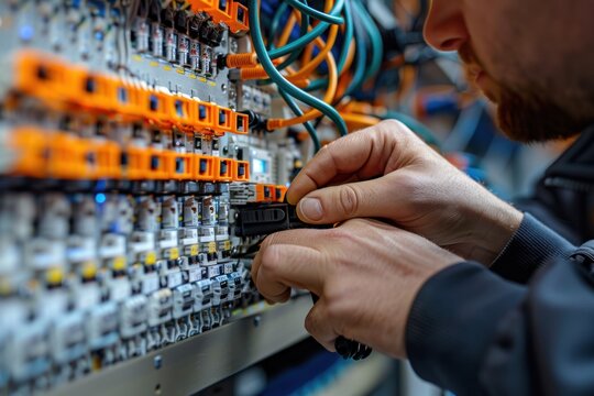 technician installing or rearranging patch cords on a network switch