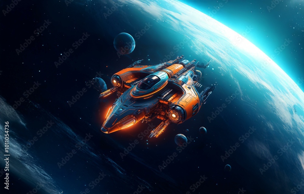 Poster a futuristic spaceship with glowing orange lights flies past a large planet with blue clouds and a b