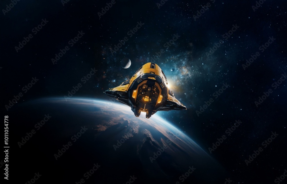 Poster a yellow spacecraft flies through a dark space above a planet and a moon.