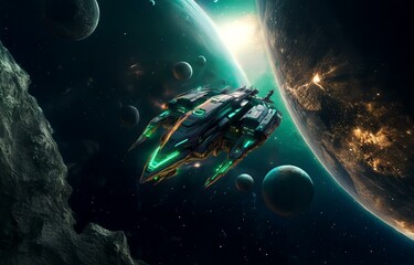 A futuristic spaceship travels through space, surrounded by planets and stars.