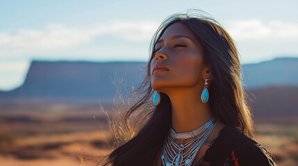 A young Navajo woman wearing silver and turquoise jewelry typical of Navajo culture, standing in the middle of the desert, Ai generated images