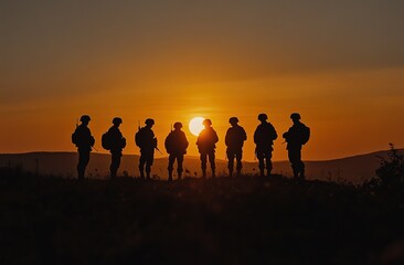 
In the foreground stands a silhouette of a row of soldiers, with golden lights and a sunset background
