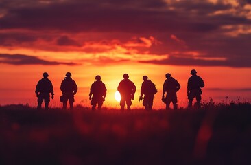 Fototapeta premium In the foreground stands a silhouette of a row of soldiers, with golden lights and a sunset background 