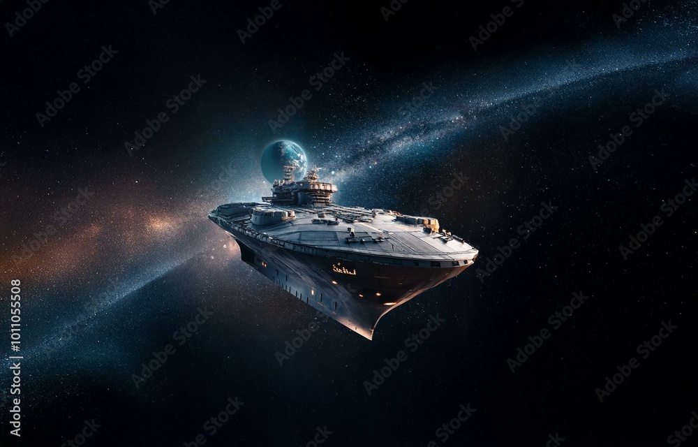Poster A futuristic spaceship flies through a starry void with a blue planet in the background.