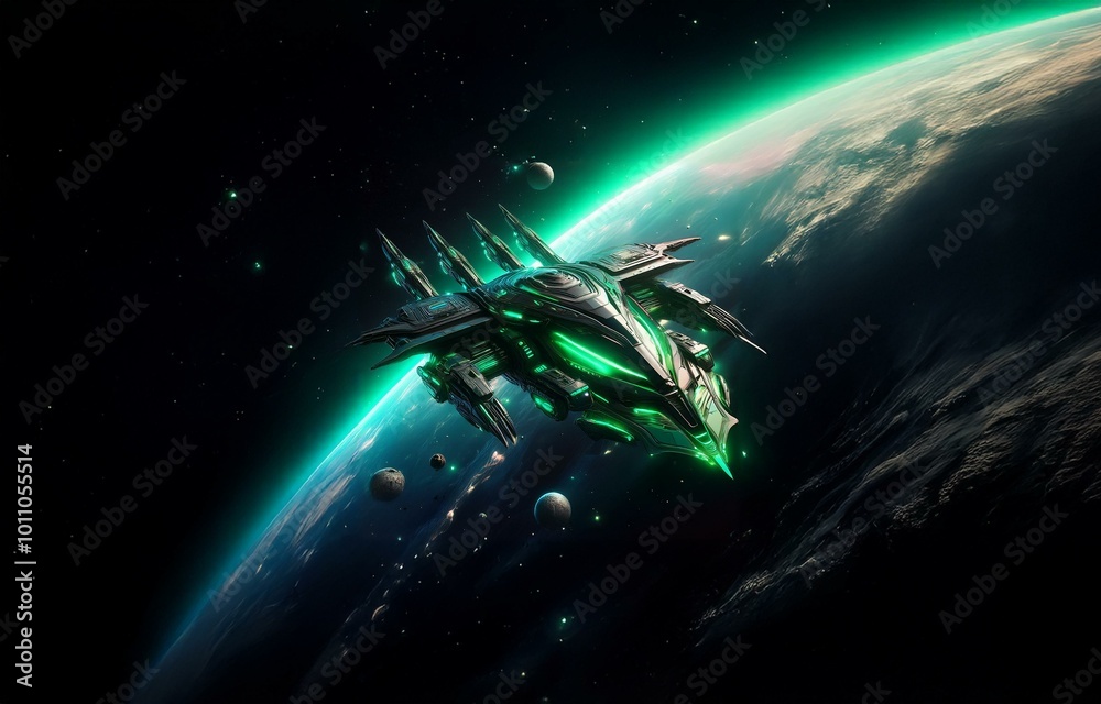 Poster a dark green spaceship with glowing lights flies through space above a planet with a green atmospher