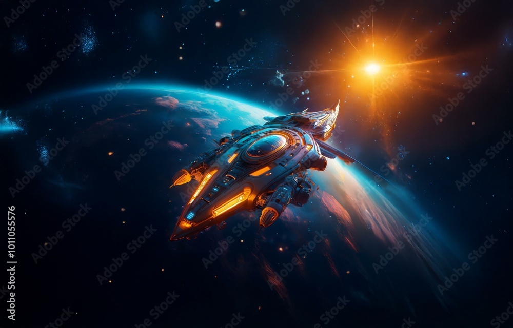 Poster a futuristic spaceship flies past a planet in a dark space with a bright sun shining in the backgrou