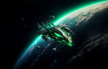 Naklejka premium A dark green spaceship with glowing lights flies through space above a planet with a green atmosphere.