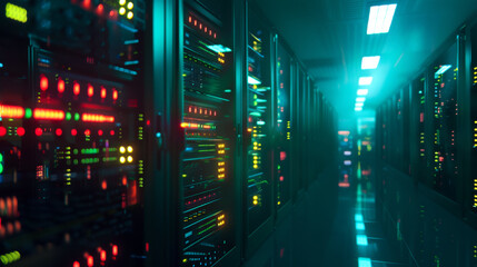 High tech server room with rows of blinking servers, showcasing advanced technology and vibrant lights. atmosphere is dynamic and futuristic, reflecting essence of modern data management