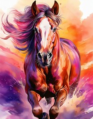 Colorful horse runs through sunset