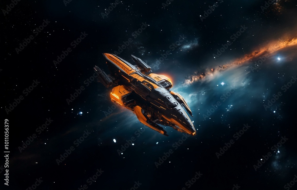 Poster a futuristic spacecraft soars through a dark expanse of space, illuminated by the glow of distant st