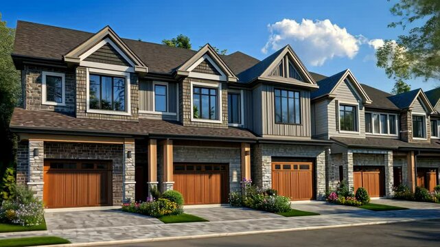 A row of modern townhomes with grey stone and wood siding, and a paved driveway in front
