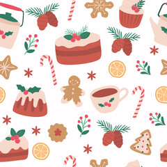 Seamless pattern Christmas foods, cakes, candy and biscuits