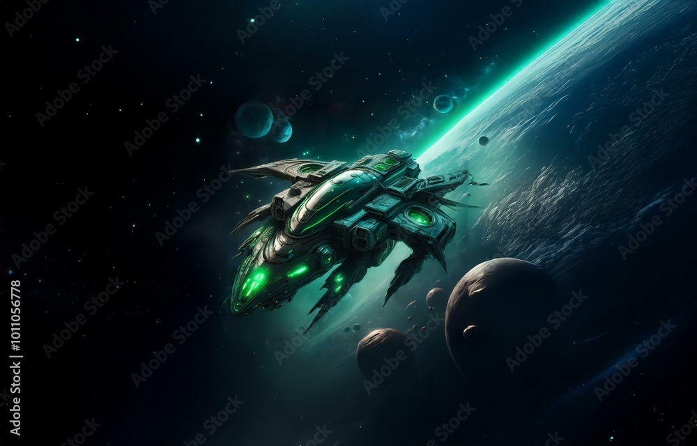 Poster a futuristic spaceship flies through space, leaving a glowing trail as it passes by a large planet.