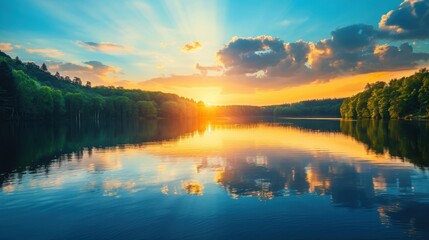 Serene Lakeside Sunset with Vibrant Reflections