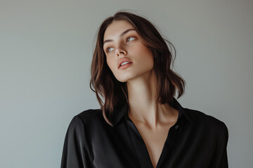 Obraz premium Close-up of a fashion model of Jewish appearance, a woman confidently posing in the studio against a light background. Advertising banner.