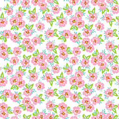 Seamless floral pattern, cute ditsy print with simple decorative plants. Pretty botanical surface design: small hand drawn flowers, leaves, colorful meadow on a white background. Vector illustration.
