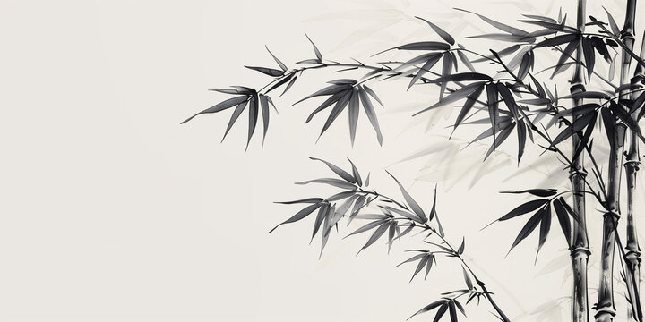 Traditional ink oriental illustration of bamboo branch for wallpaper mural background