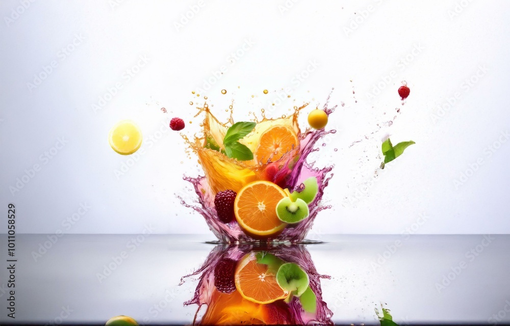 Poster Fruit slices and raspberries splash into water creating a colorful burst isolated against a white background.