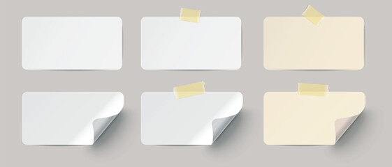 Set of realistic paper labels with different colors and adhesive tape on transparent background.